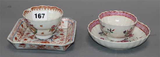 A Chinese Imari tray, a tea bowl and saucer and a similar tea bowl
